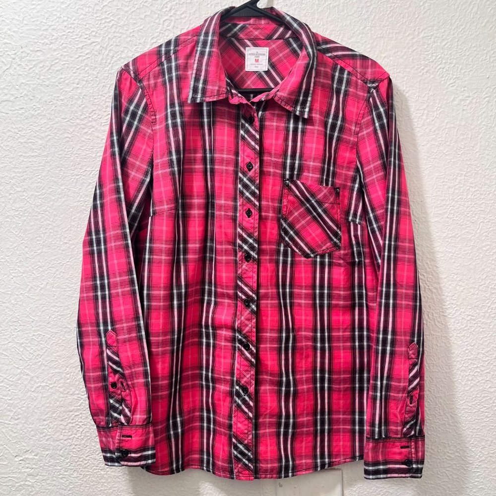Gap The Fitted Boyfriend Pink Plaid Long Sleeve Button Down Shirt Size M‎